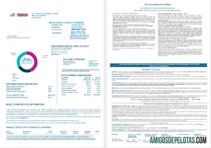 Cartão USA Costco Anywhere Visa do Citi Bank Extrato de empréstimo hipotecário em formatos Word e PDF, 4 páginas modelo